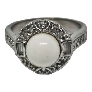 Premier Designs Silver Ring with White Centerpiece Halo Vin5age Style Size 6